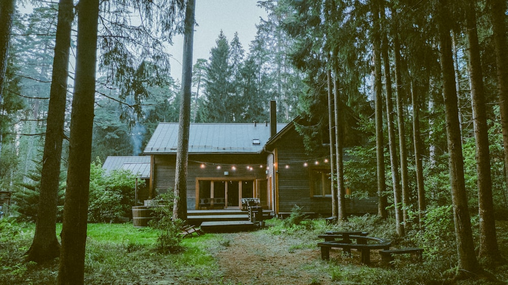 a small cabin in the woods with lights on