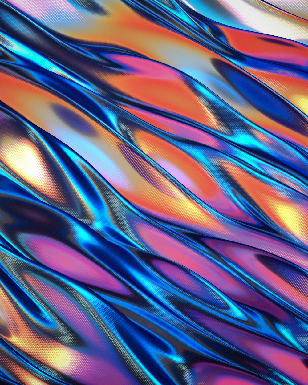 an abstract painting of blue, orange, and pink waves