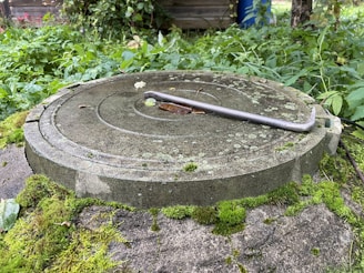 A round concrete manhole cover with circular grooves is placed on a moss-covered surface. It is surrounded by overgrown vegetation, and a metal crowbar rests on top of the cover.
