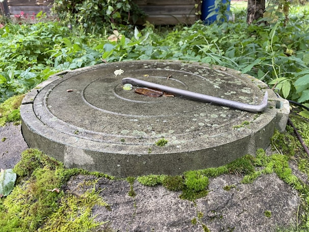A round concrete manhole cover with circular grooves is placed on a moss-covered surface. It is surrounded by overgrown vegetation, and a metal crowbar rests on top of the cover.