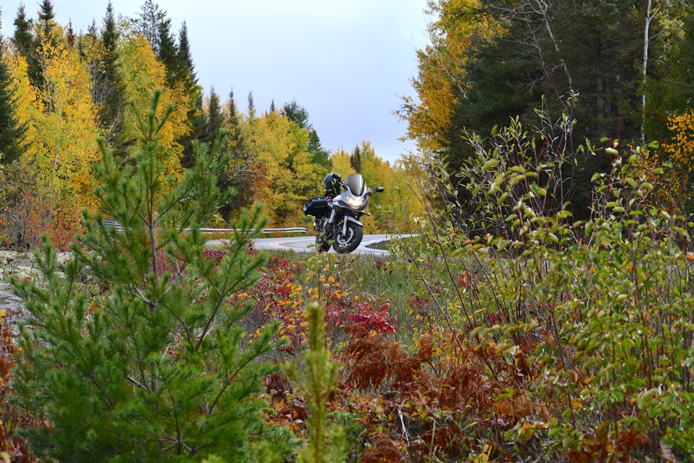 a motorcycle is parked on the side of the road