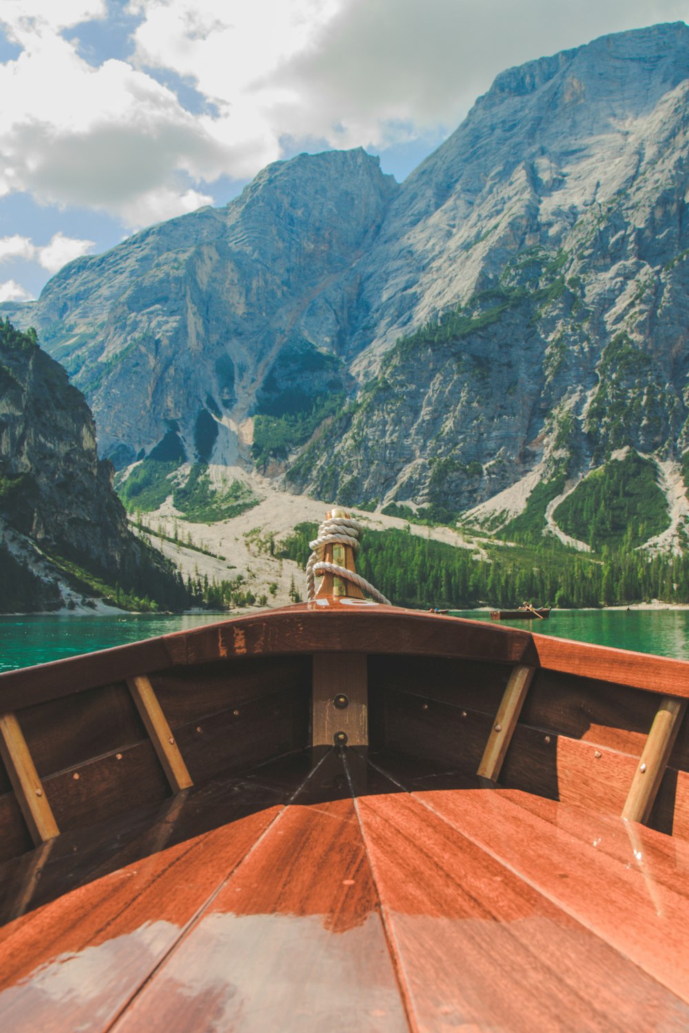 a view of a mountain lake from a boat