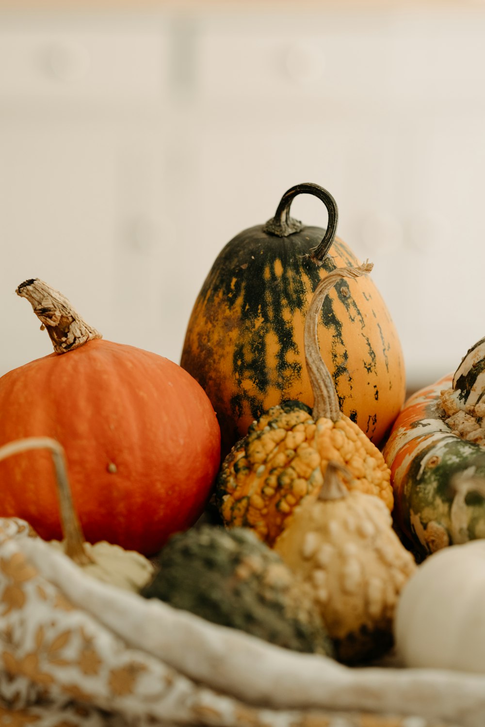 a basket filled with lots of different types of pumpkins