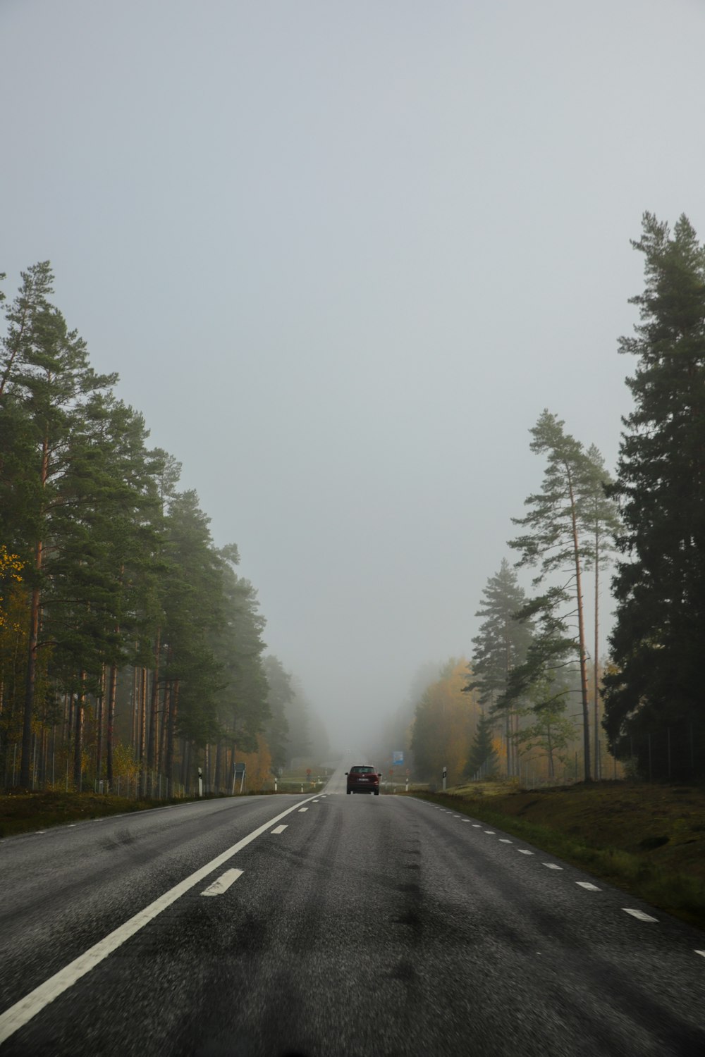 an empty road with trees in the background