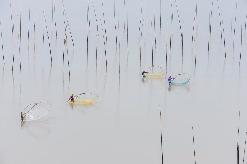 a group of small boats floating on top of a lake