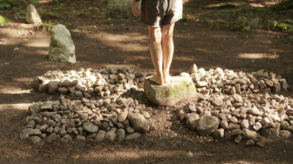 a man standing on a rock in the middle of a forest