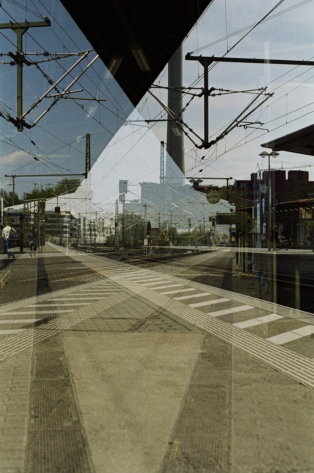 a view of a train station through a window