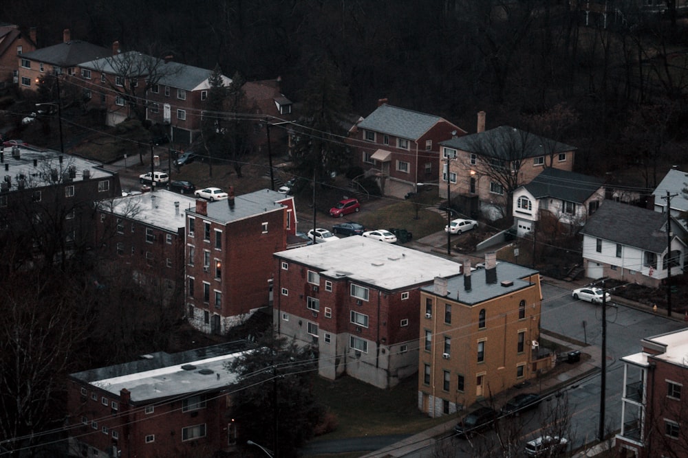 an aerial view of a residential area in the winter