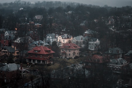 A residential neighborhood featuring a collection of large, old-style homes with varying designs and colors, including red, white, and gray. The area is enveloped in a misty, overcast atmosphere, and bare trees are visible, suggesting a winter or autumn setting.