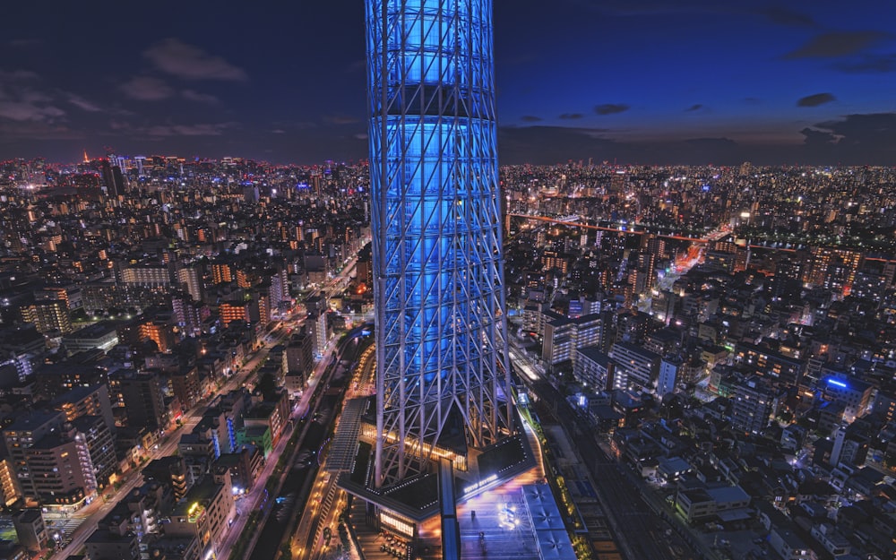 an aerial view of a city at night