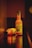 Two bottles of organic carrot and apple juice are shown, with one bottle standing upright and the other lying on its side. The setting has a warm, dim lighting that creates a cozy atmosphere.