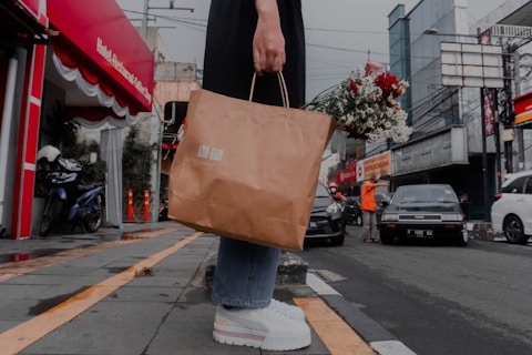 a person holding a brown bag on a city street