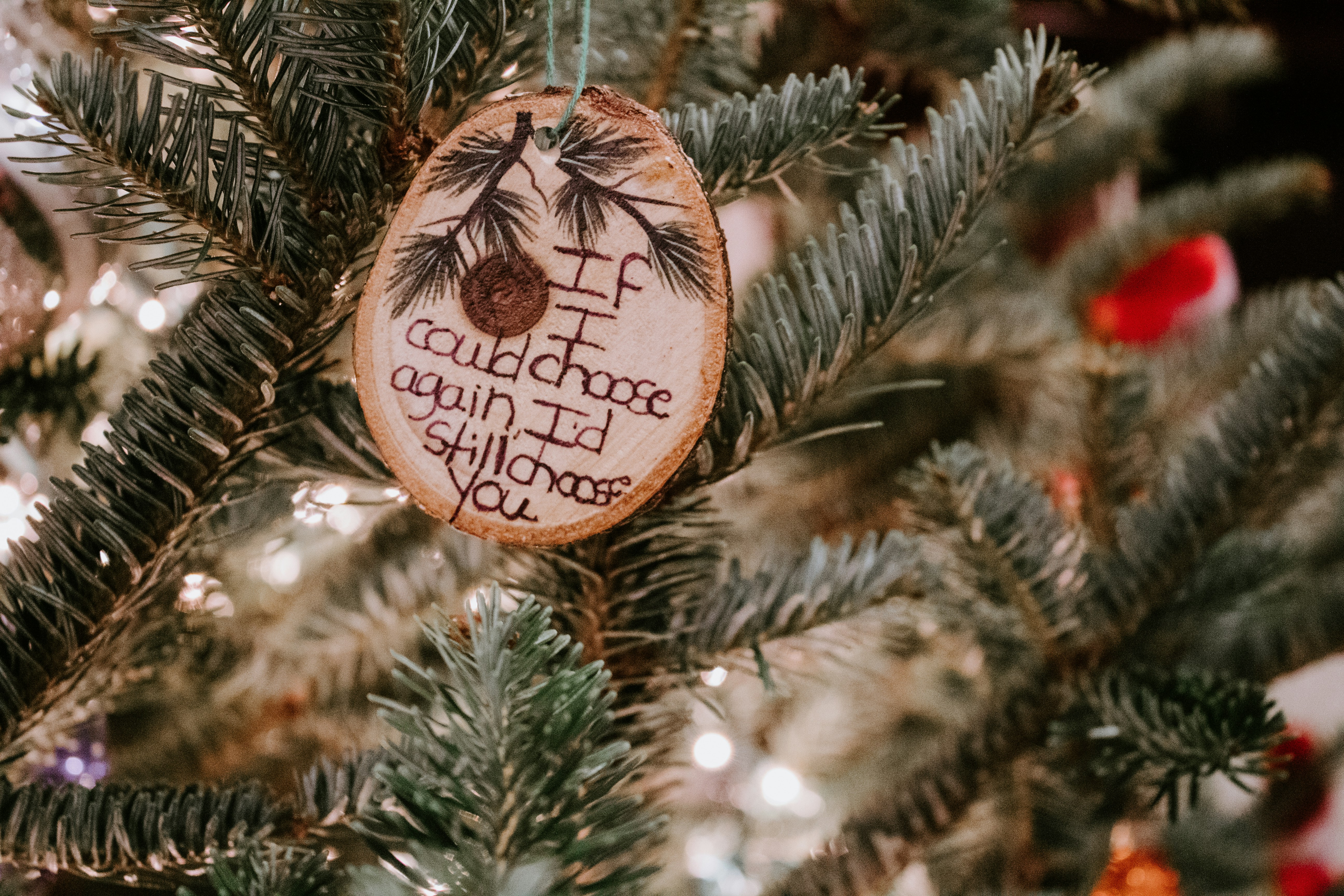 a wooden ornament hanging from a christmas tree