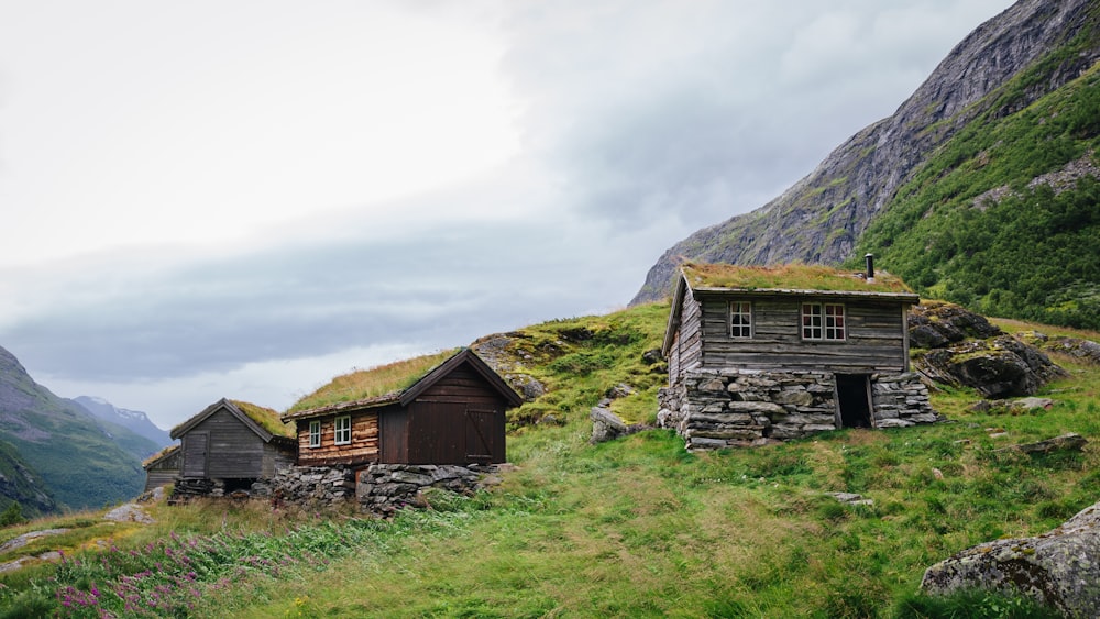 a couple of buildings sitting on top of a lush green hillside