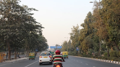 A road scene with a person wearing a red helmet riding a motorcycle. The road is flanked by trees on both sides, with several cars and auto-rickshaws moving along. The sky is clear, suggesting a calm day.