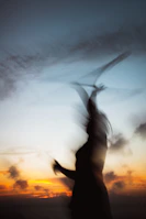 A silhouette of a body in slow, flowing movement against a warm sunset background, expressing life in motion.