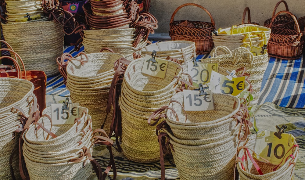 many baskets are stacked on top of each other