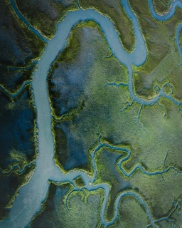 an aerial view of a river and land