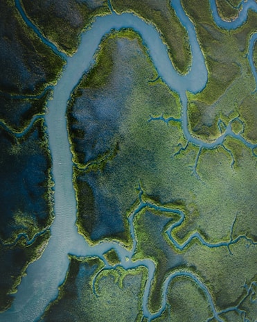 an aerial view of a river and land