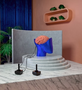 A surreal setup features a bust of a head with a detached brain atop a blue metallic base. The brain is connected to two vintage joystick controllers placed on a marble-topped pedestal. The background includes a blue curtain, pink wall, and decorative plants on a shelf.