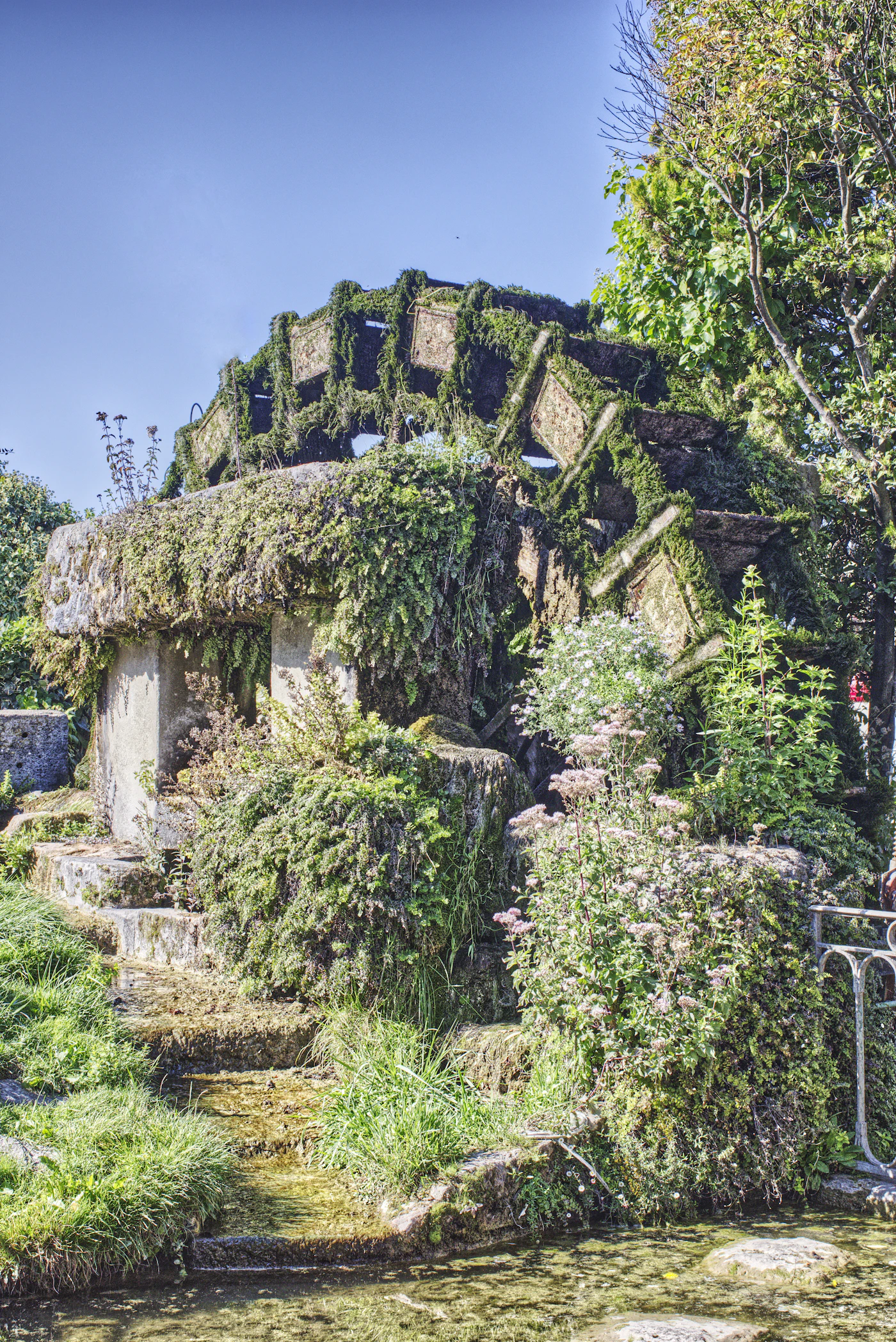 Edifício coberto por vegetação ao lado da água em L'Isle-sur-la-Sorgue