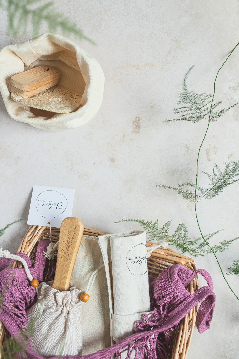 a wicker basket with a bag and a wooden spoon