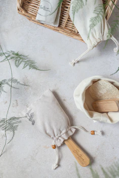 Close-up of a traditional kese scrub mitt and natural soap on a marble slab in a hamam.
