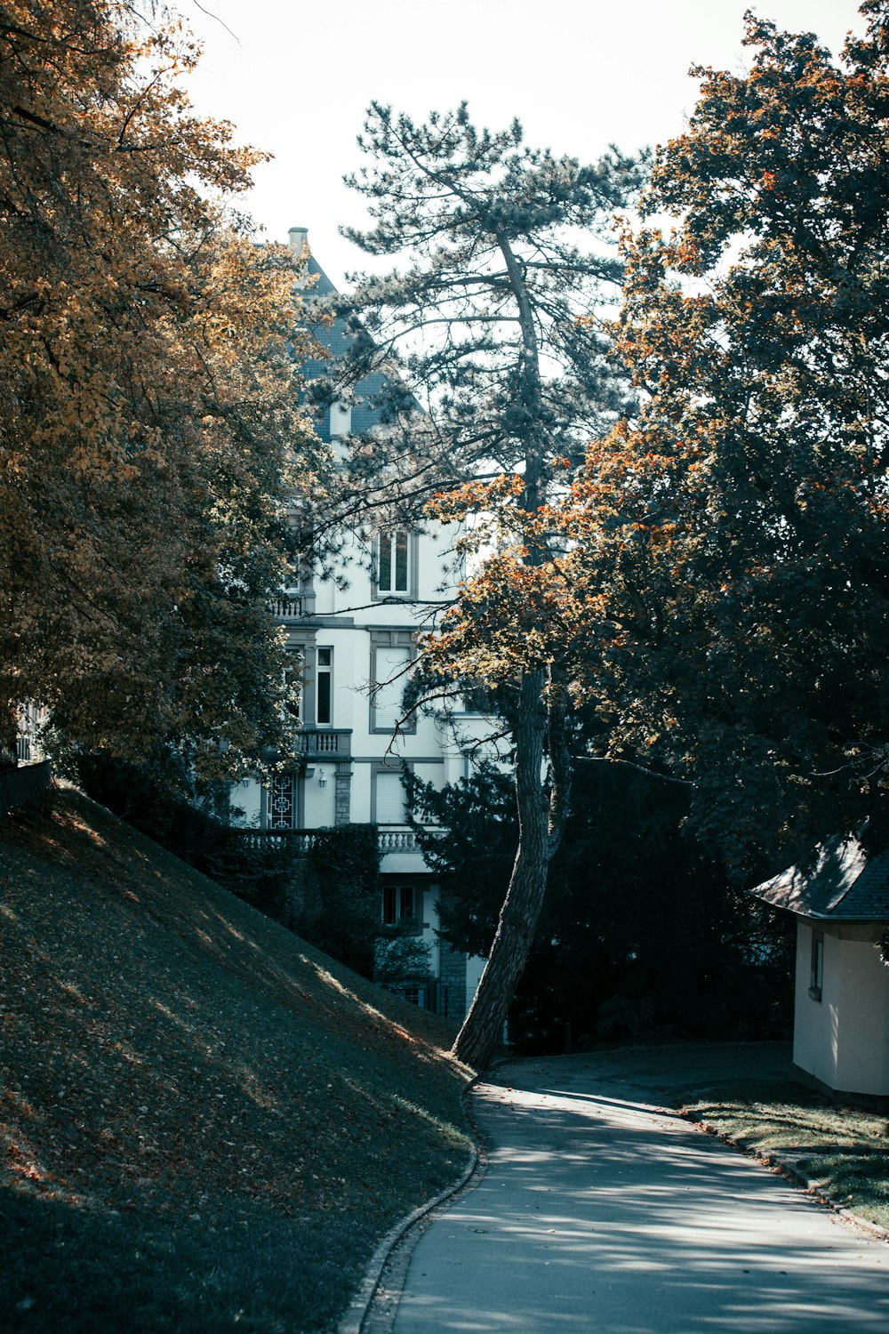 a large white house sitting on the side of a road