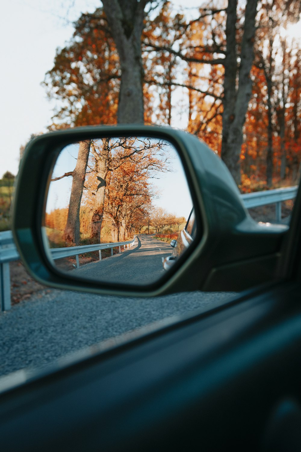 a car's side view mirror with trees in the background