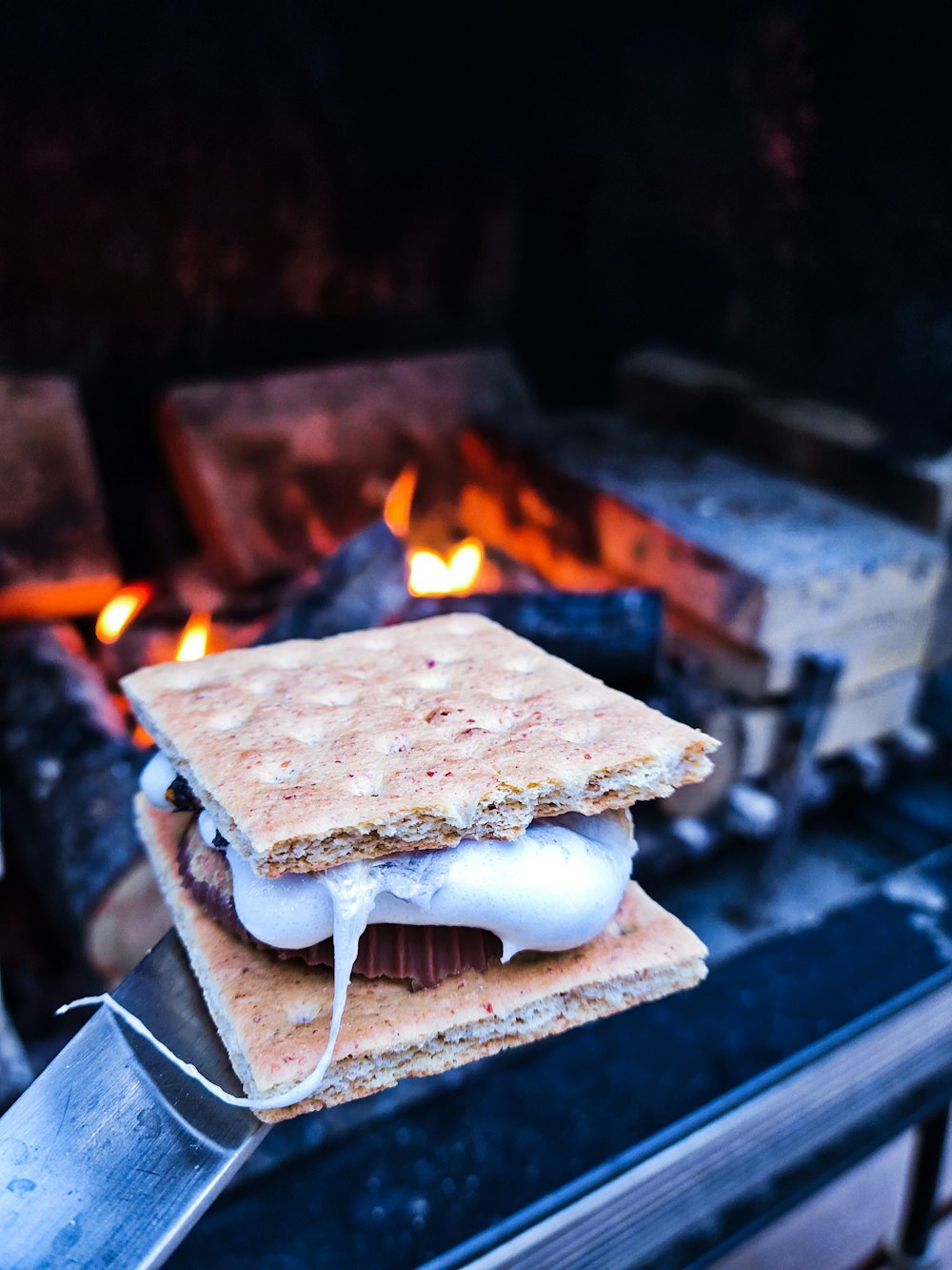 a sandwich sitting on top of a grill next to a fire
