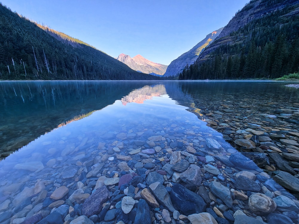 a body of water surrounded by mountains and rocks