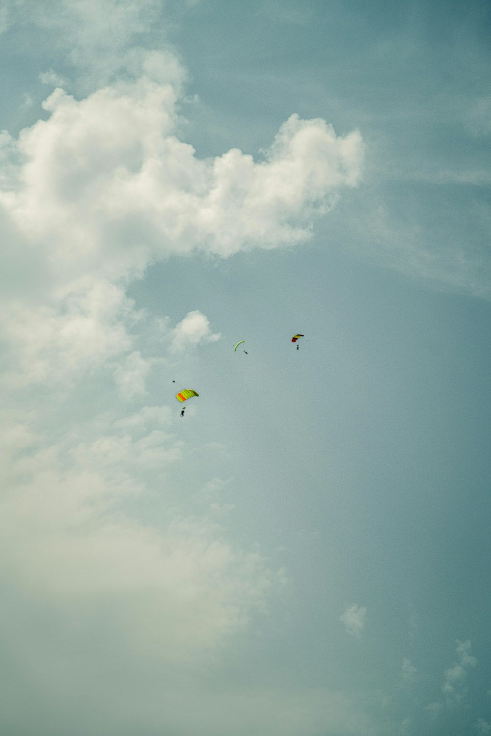 a group of people flying kites in the sky