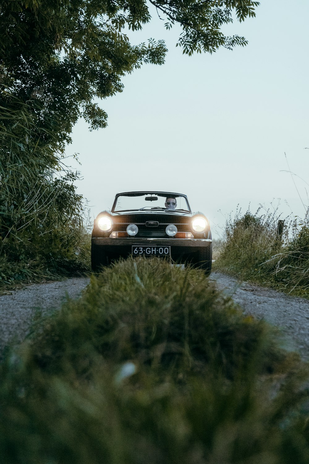 a car driving down a dirt road next to a forest