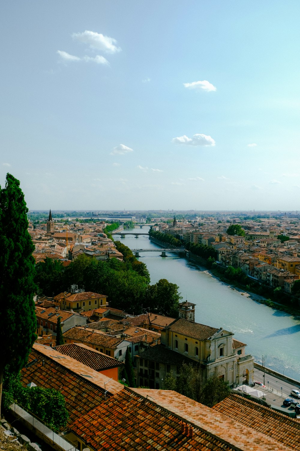 a bridge over a body of water with a city in the background