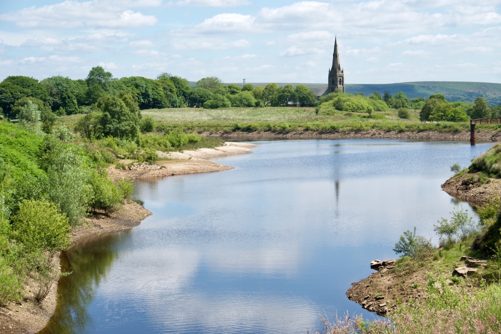 a large body of water with a church in the background