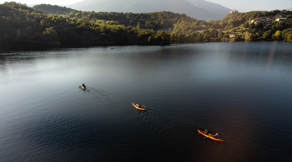 two people in canoes paddling on a lake