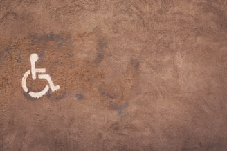 A textured brown surface features a white wheelchair accessibility symbol painted on it. The wall appears to have a rough, weathered texture with visible brush strokes.