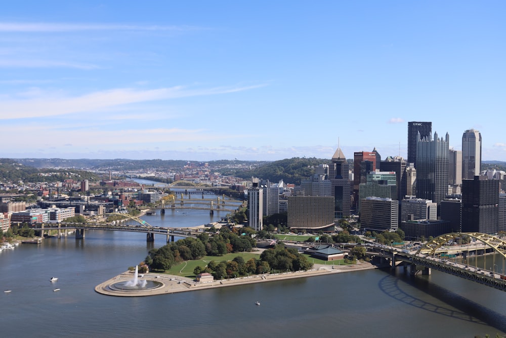 an aerial view of a city and a river