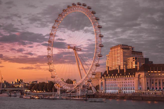 a large ferris wheel sitting in the middle of a river