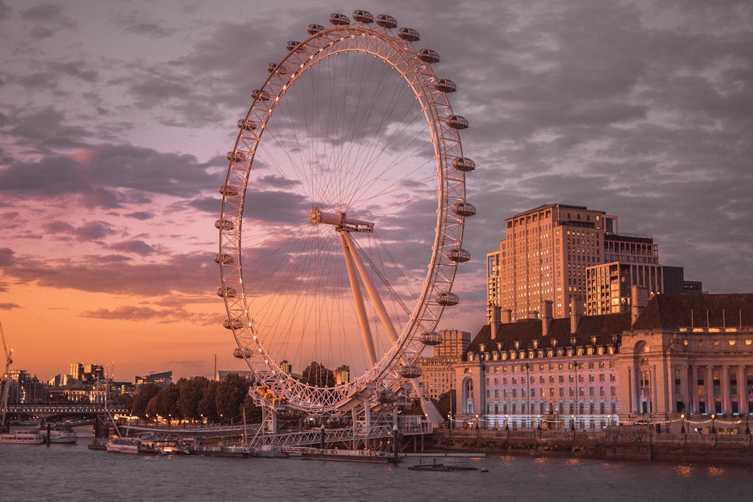 a large ferris wheel sitting in the middle of a river,