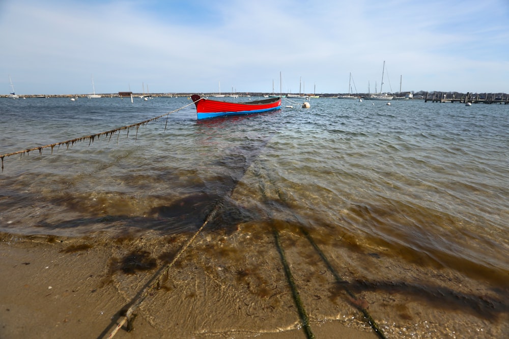 a red and blue boat sitting on top of a body of water