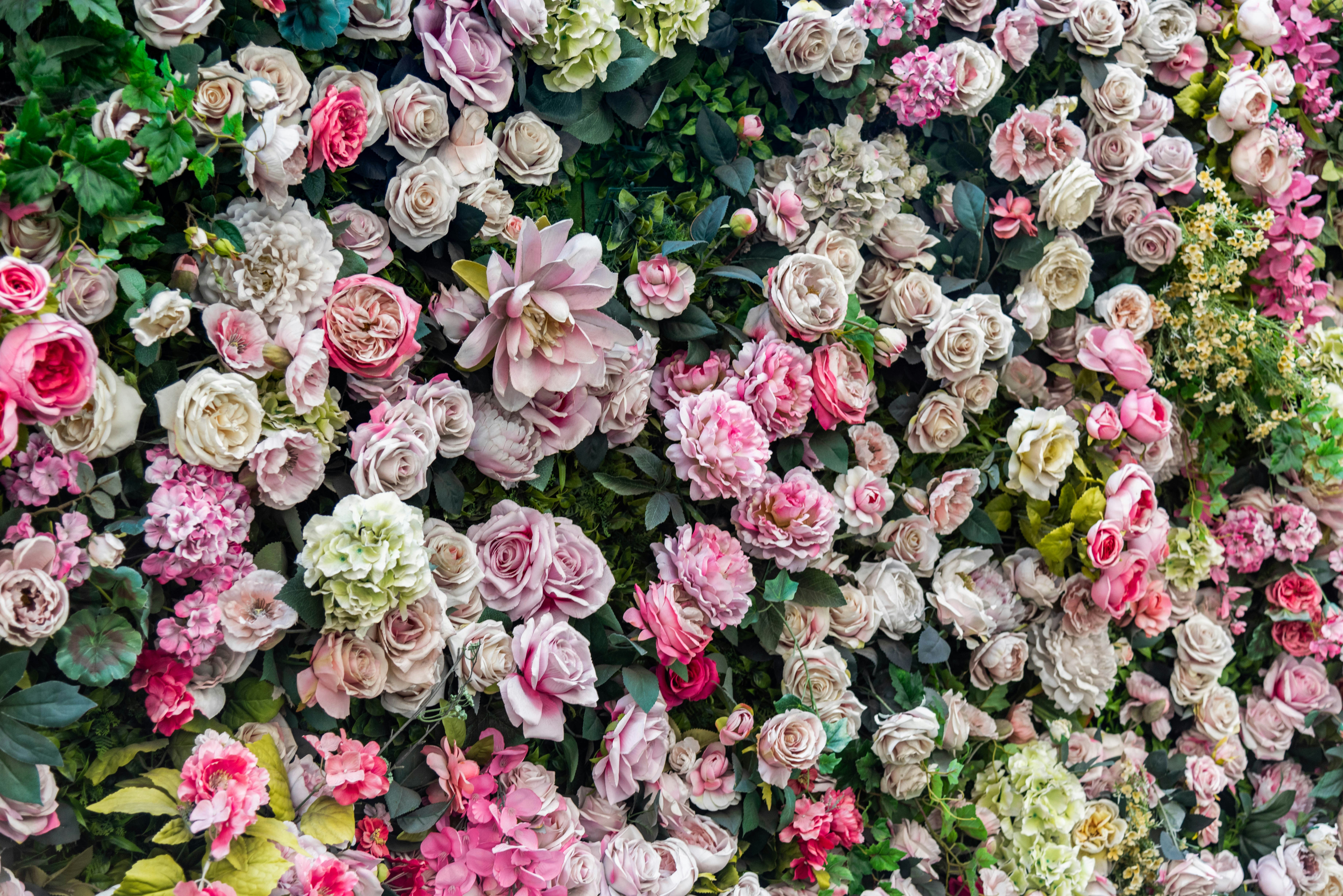 Lush botanical floral wall installation with rich greenery and white roses in warm lighting