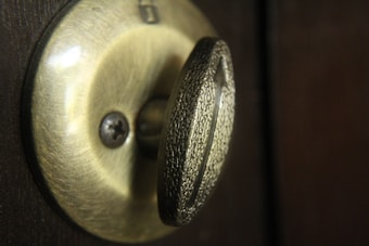 A close-up of a brass-colored door latch with intricate textured detailing. The latch is set in a dark brown door, and the lighting highlights the metallic surface.