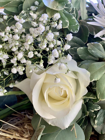A close-up of a beautifully arranged bouquet featuring fresh seasonal flowers with soft green and cream accents.
