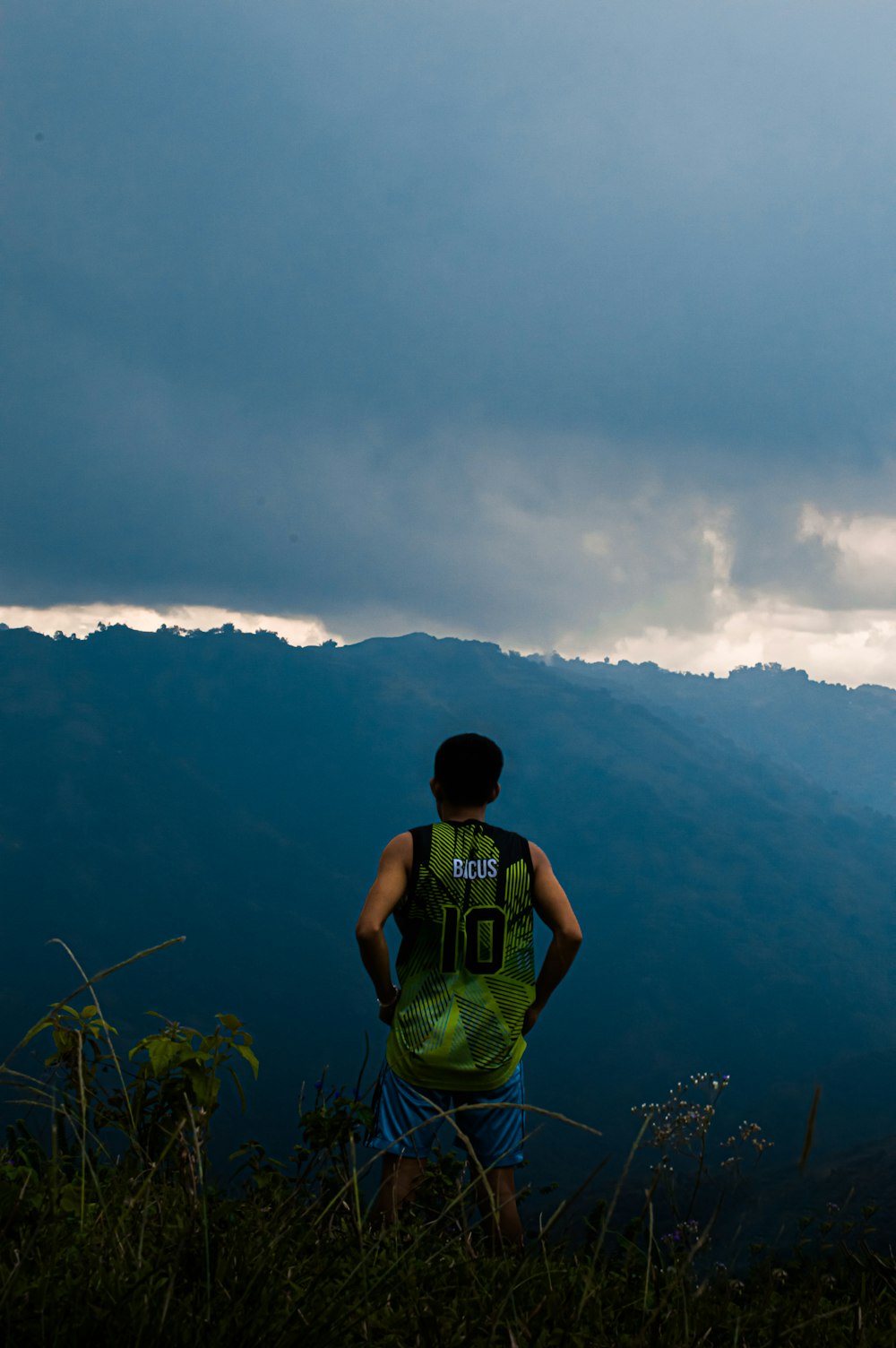 a man standing on top of a lush green hillside