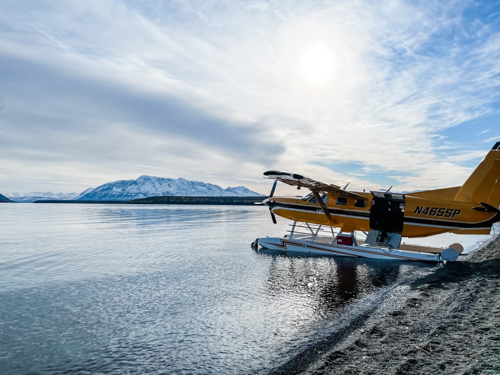 水域の上に座っている水上飛行機