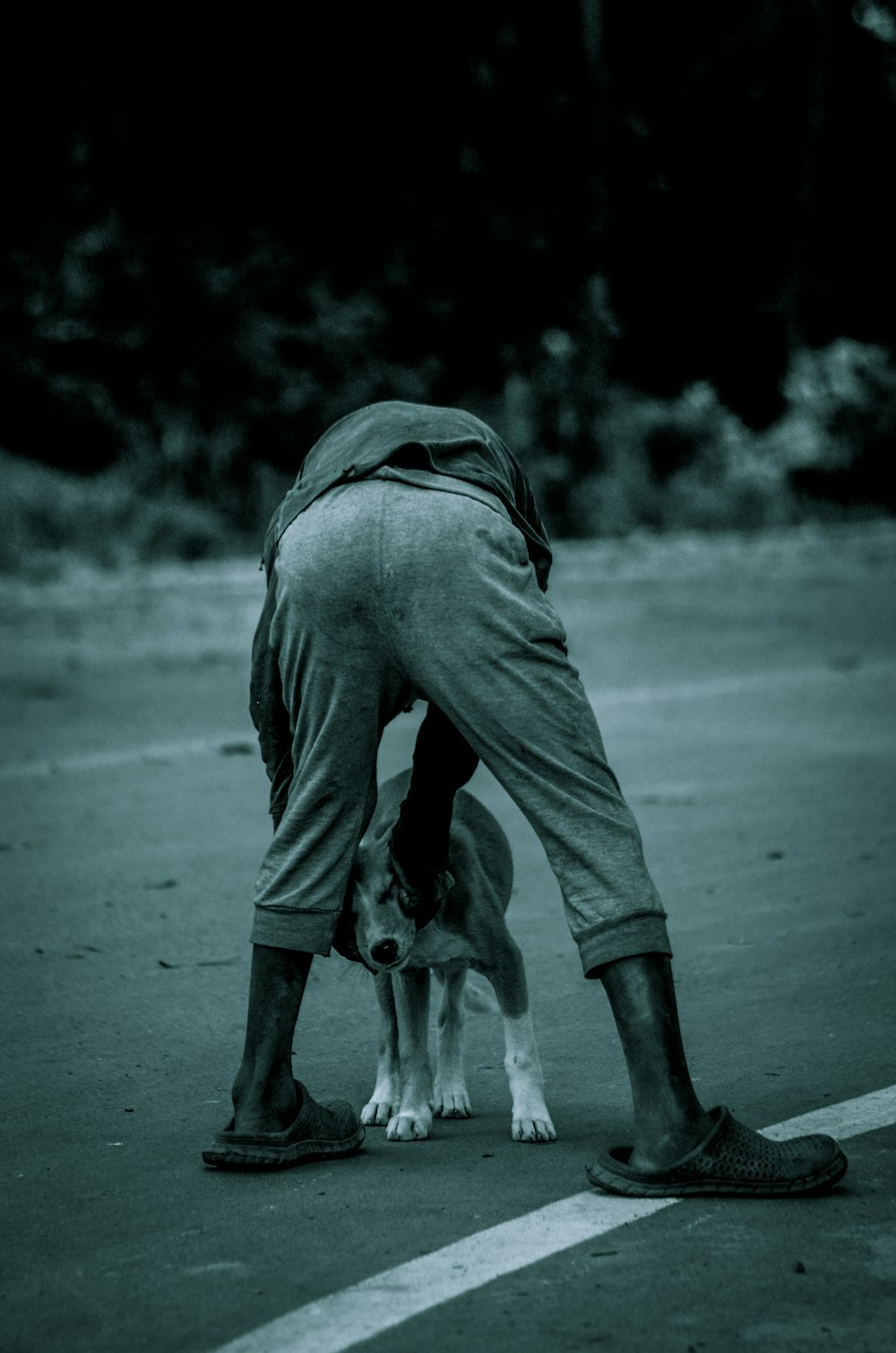 a man bending over to pet a dog