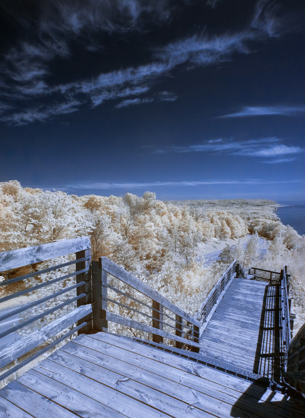 a wooden walkway leading to a beach covered in snow