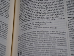Open book displaying a passage from the Bible with a focus on the text centered on the page. The text is in black font on white paper, with some underlined words indicating emphasis.
