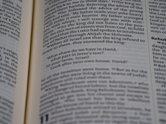 Open book displaying a passage from the Bible with a focus on the text centered on the page. The text is in black font on white paper, with some underlined words indicating emphasis.